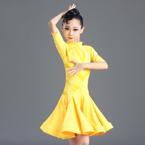 Girls kids competition yellow latin dance dresses stage performance latin dance skirts ballroom dance dress for children